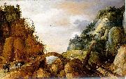 mountainous landscape with horsemen and travellers crossing a bridge. Joos de Momper